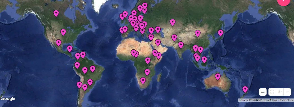 A map featuring multiple pink pins indicating specific locations.